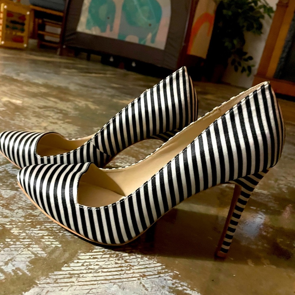 Black and white striped stilettos.